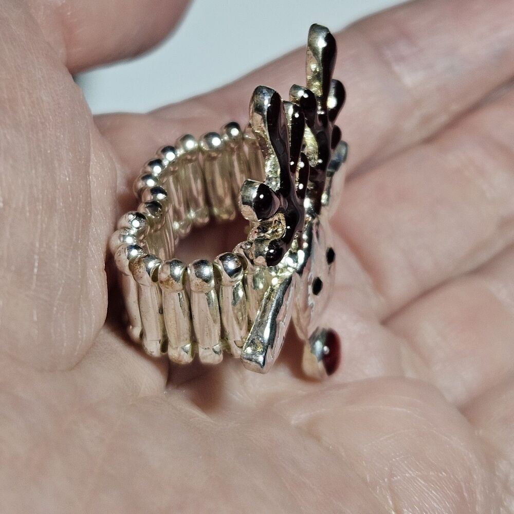 Silver Tone Brown Red Enamel Black Rhinestone Rudolph Stretch Ring - Picture 3 of 14